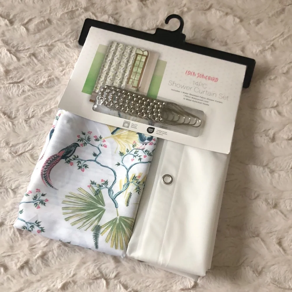 Bird & Palm Print Shower Curtain Set
